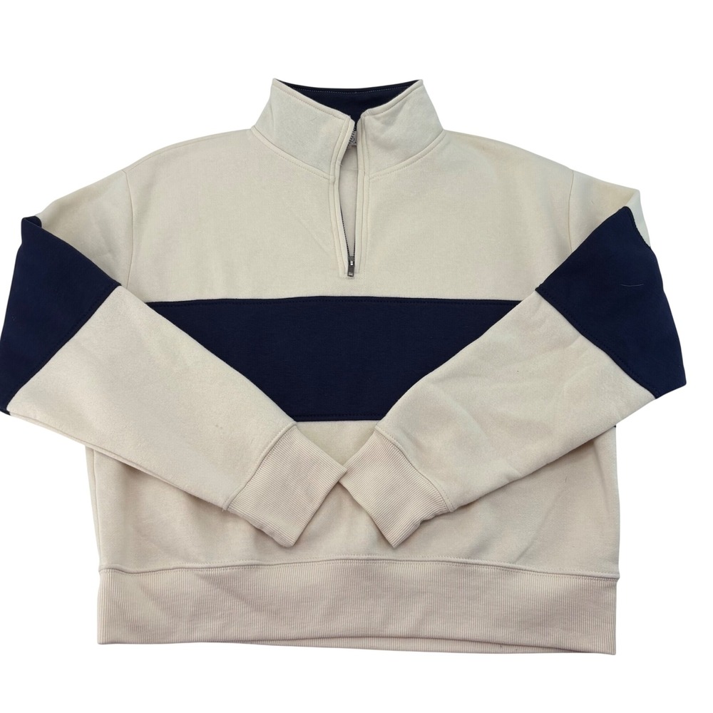 Hippie Rose Womens Colorblock Quarter Zip Sweatshirt Cream Navy Blue 4K23514 L